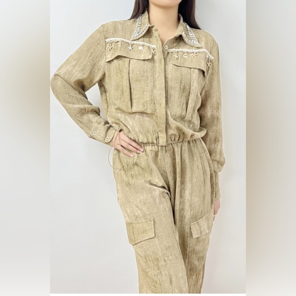 S076. Shell Trim Washed Effect Cargo Pants Set - Picture 3 of 3